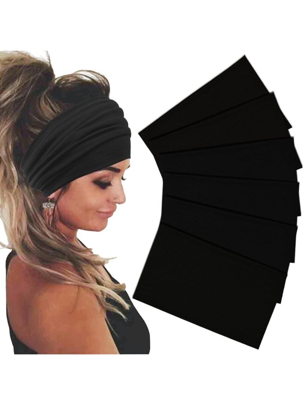Women's Black 6 Pack Stretch Headband Turban Workout Hairband Accessories